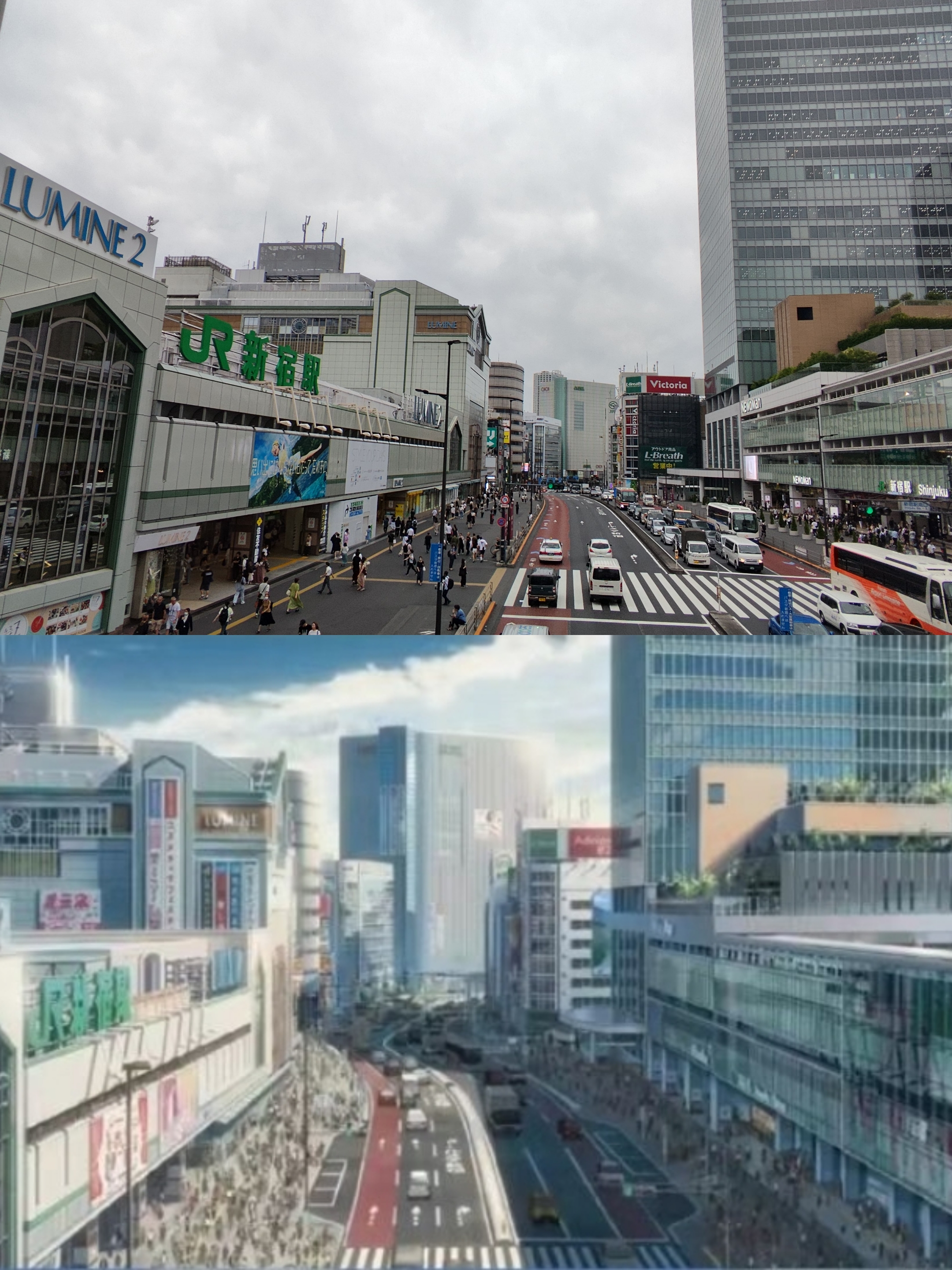 Shinjuku Station East Plaza real-life comparison from Your Name
